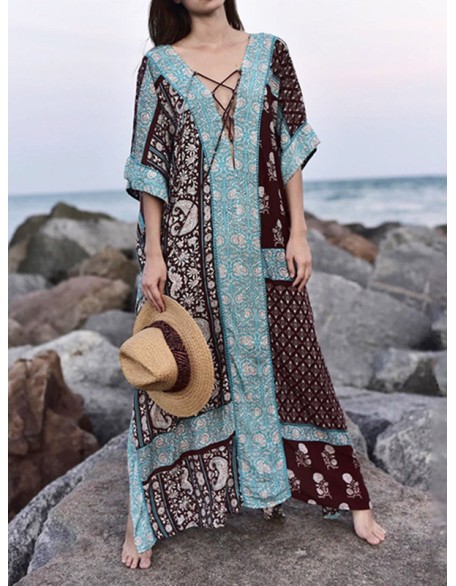 Ethnic Printed Flared Sleeves Cover-Ups Tops