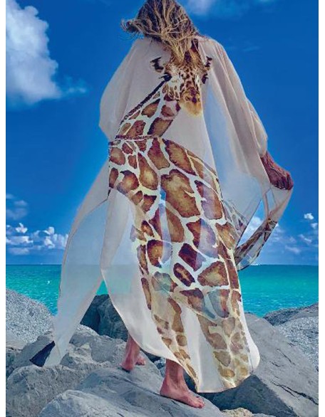 Giraffe Pattern Slit Bat Sleeve Cover-Ups Tops