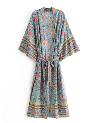 Vacation Loose Floral Printed Lace-Up V-Neck Kimono