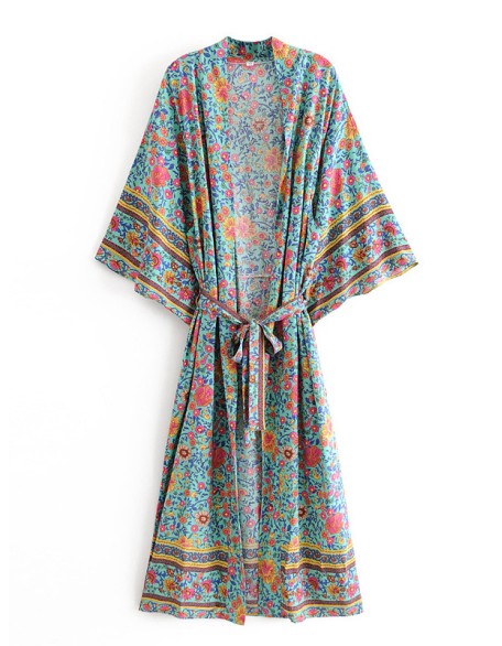 Vacation Loose Floral Printed Lace-Up V-Neck Kimono