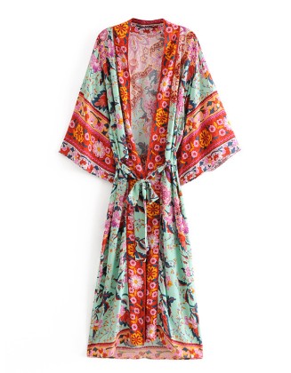 Vacation Loose Lace-Up Printed V-Neck Cover-Up Top