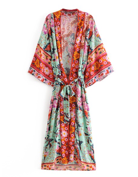 Vacation Loose Lace-Up Printed V-Neck Cover-Up Top