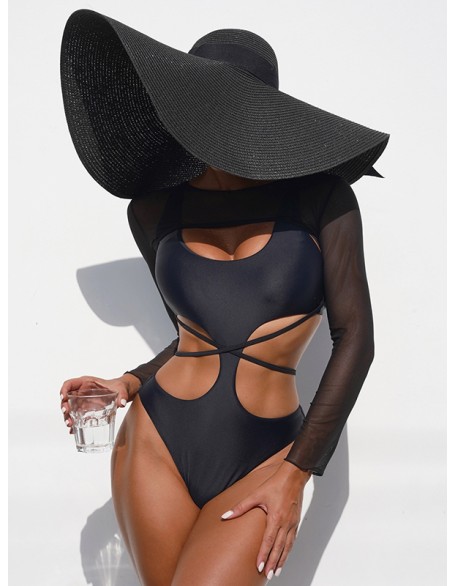 Padded Belly-Hollow Mesh Cover-Ups & One-Piece Swimwear Two Pieces Set