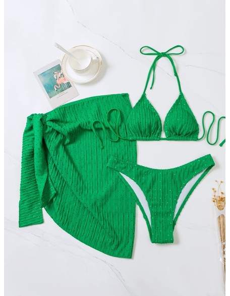 Simple Three Pieces Halterneck Triangle Bikini Set