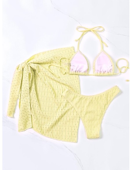 Simple Three Pieces Halterneck Triangle Bikini Set