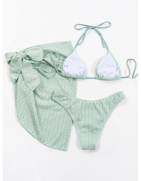 Simple Three Pieces Halterneck Triangle Bikini Set