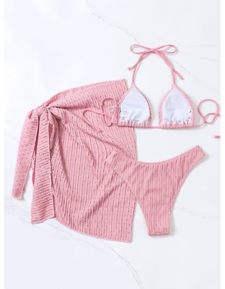 Simple Three Pieces Halterneck Triangle Bikini Set