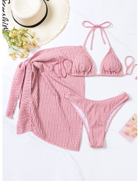 Simple Three Pieces Halterneck Triangle Bikini Set