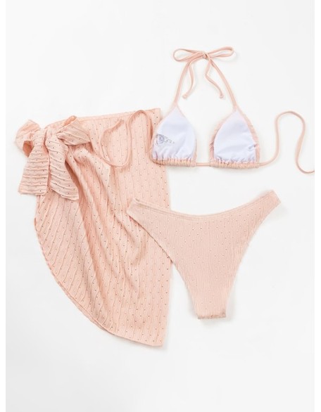 Simple Three Pieces Halterneck Triangle Bikini Set