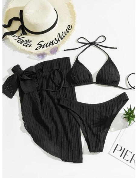 Simple Three Pieces Halterneck Triangle Bikini Set