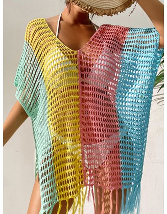 Colorful V-Neck Tassles Mini Cover-Ups Dress