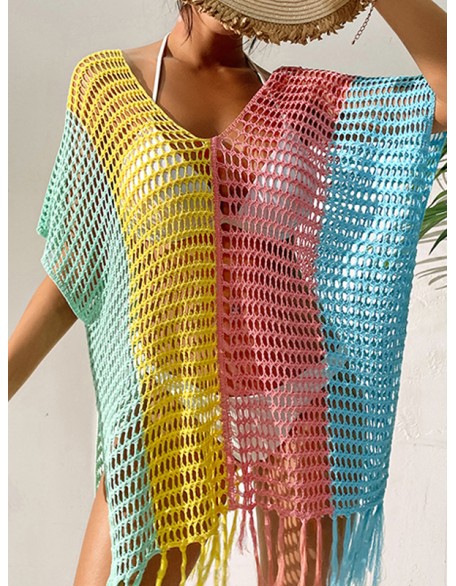 Colorful V-Neck Tassles Mini Cover-Ups Dress