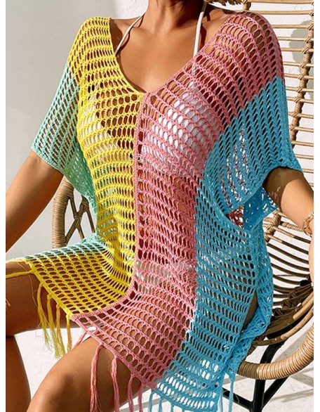 Colorful V-Neck Tassles Mini Cover-Ups Dress