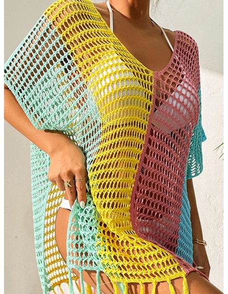 Colorful V-Neck Tassles Mini Cover-Ups Dress