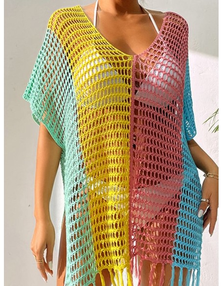 Colorful V-Neck Tassles Mini Cover-Ups Dress