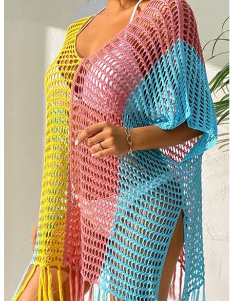 Colorful V-Neck Tassles Mini Cover-Ups Dress