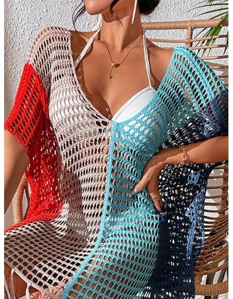 Colorful V-Neck Tassles Mini Cover-Ups Dress