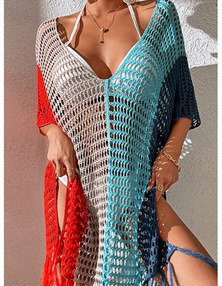 Colorful V-Neck Tassles Mini Cover-Ups Dress