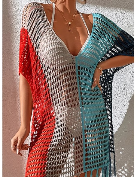 Colorful V-Neck Tassles Mini Cover-Ups Dress