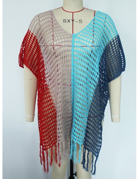 Colorful V-Neck Tassles Mini Cover-Ups Dress