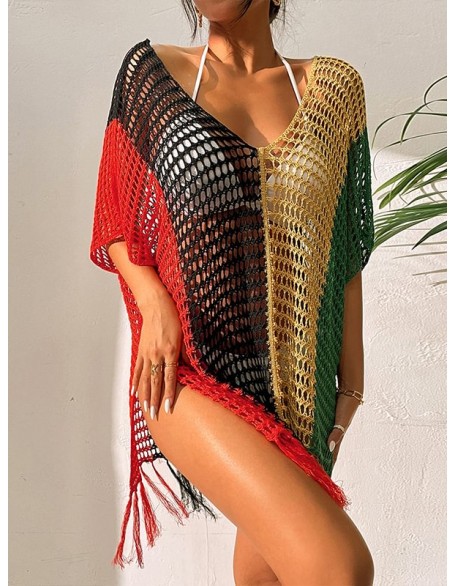 Colorful V-Neck Tassles Mini Cover-Ups Dress