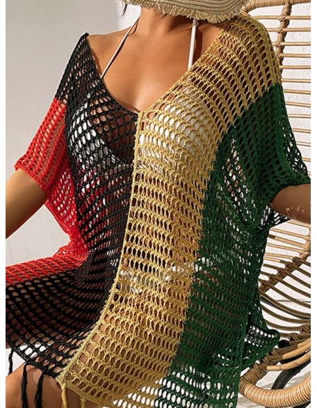 Colorful V-Neck Tassles Mini Cover-Ups Dress