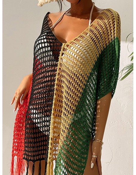 Colorful V-Neck Tassles Mini Cover-Ups Dress