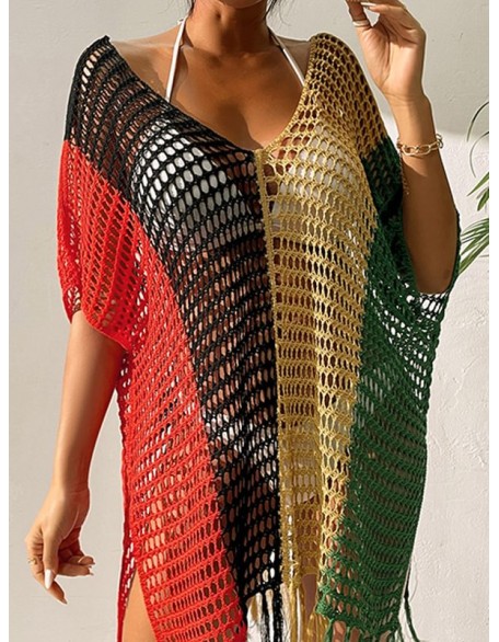 Colorful V-Neck Tassles Mini Cover-Ups Dress