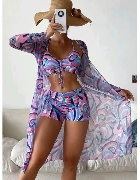 Halterneck Abstract Print Three Pieces Bikini Set