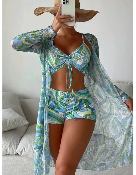 Halterneck Abstract Print Three Pieces Bikini Set