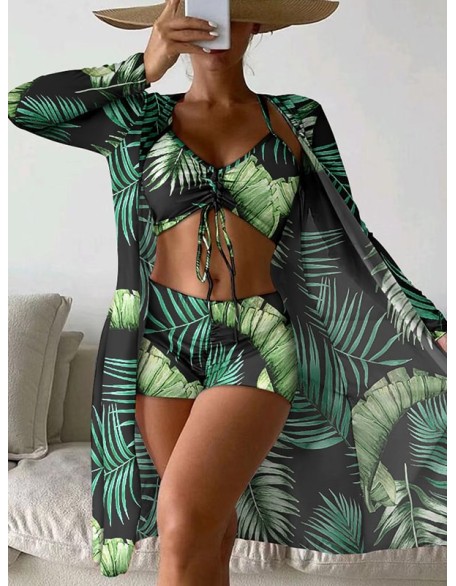 Halterneck Abstract Print Three Pieces Bikini Set