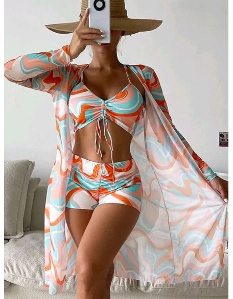 Halterneck Abstract Print Three Pieces Bikini Set