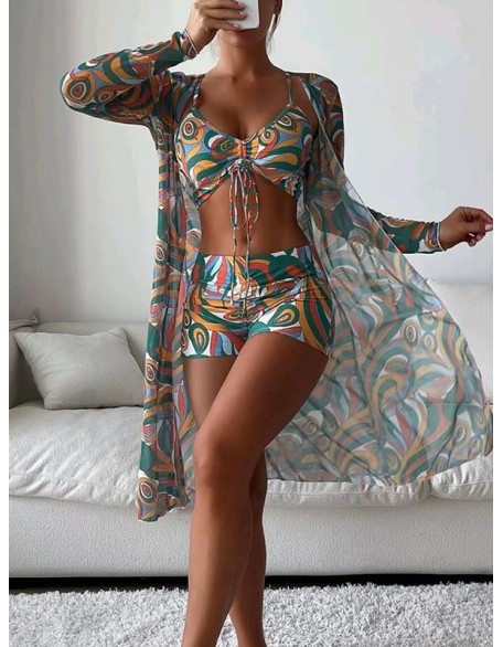 Halterneck Abstract Print Three Pieces Bikini Set