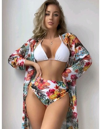 Triangle Halterneck Floral Three Pieces Bikini Set