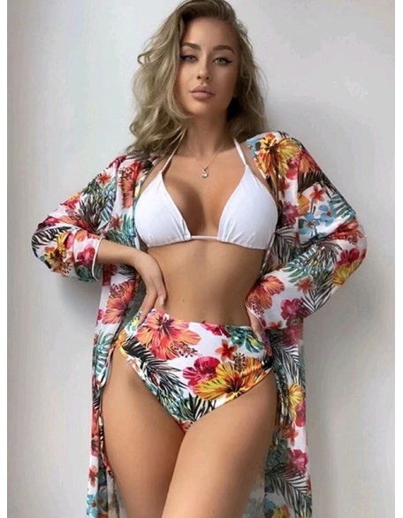 Triangle Halterneck Floral Three Pieces Bikini Set