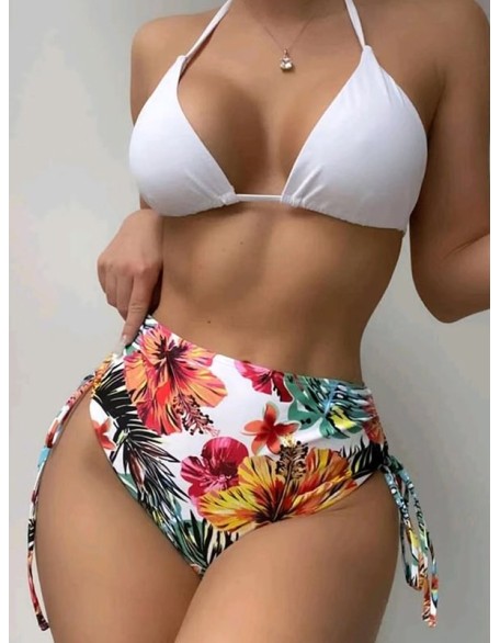 Triangle Halterneck Floral Three Pieces Bikini Set