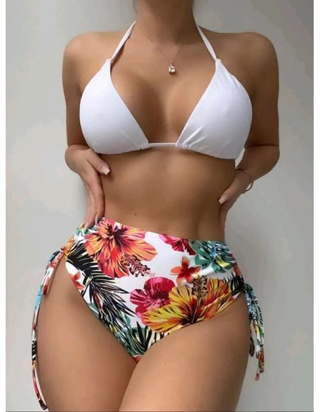 Triangle Halterneck Floral Three Pieces Bikini Set