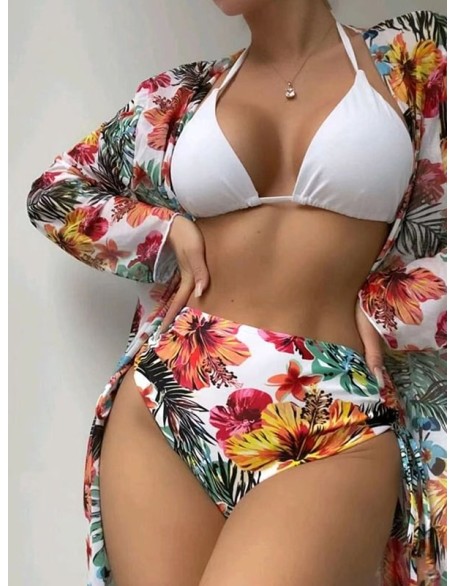 Triangle Halterneck Floral Three Pieces Bikini Set