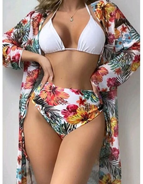 Triangle Halterneck Floral Three Pieces Bikini Set