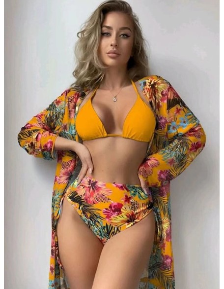 Triangle Halterneck Floral Three Pieces Bikini Set