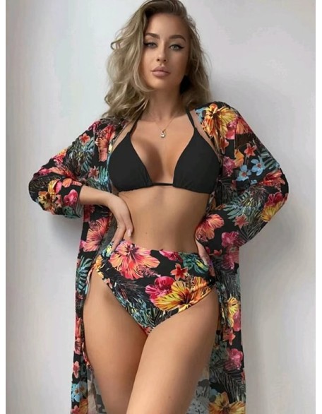 Triangle Halterneck Floral Three Pieces Bikini Set