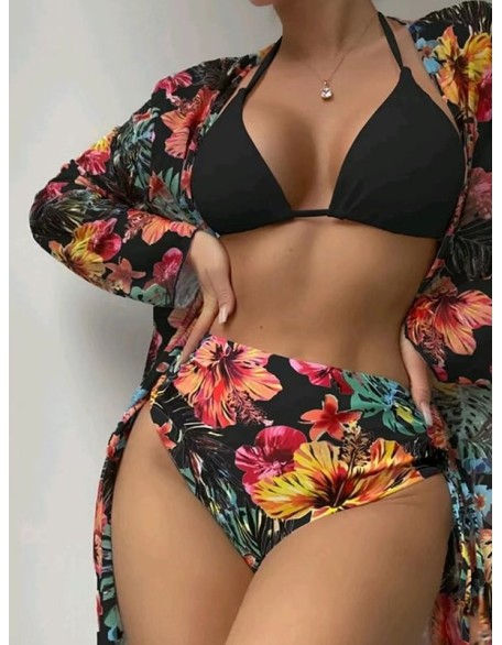 Triangle Halterneck Floral Three Pieces Bikini Set