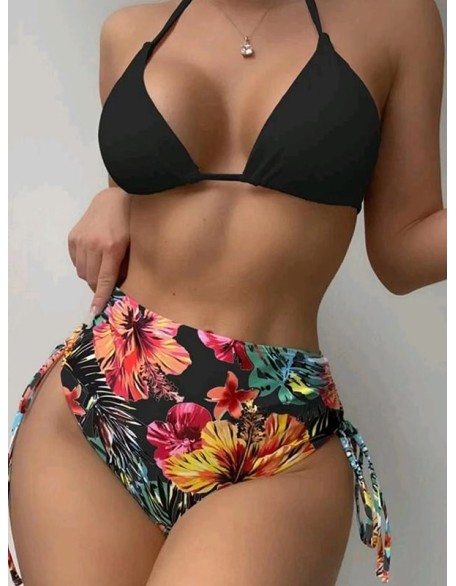 Triangle Halterneck Floral Three Pieces Bikini Set