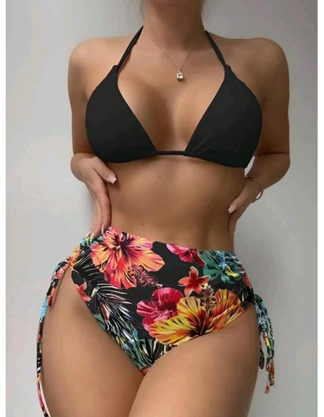 Triangle Halterneck Floral Three Pieces Bikini Set