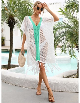 Color-Block Hollow Tasseled Batwing Sleeves Loose Deep V-Neck Cover-Ups Swimwear