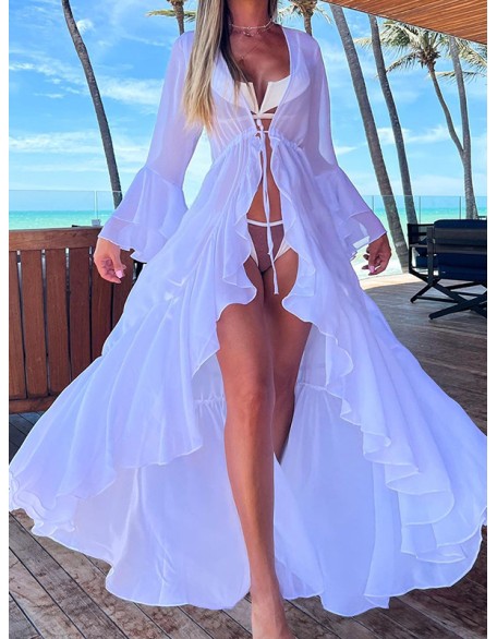 Bandage See-Through Solid Color Flared Sleeves High-Low Deep V-Neck Cover-Ups Swimwear