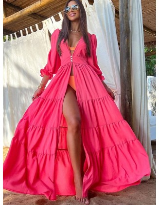 Bandage See-Through Solid Color Flared Sleeves High-Low Deep V-Neck Cover-Ups Swimwear