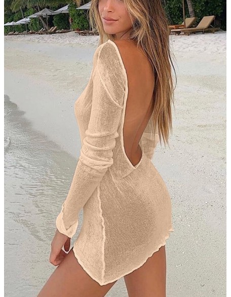 Backless Hollow Solid Color Long Sleeves Loose Cover-Ups Swimwear