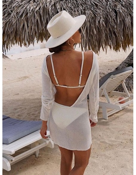 Backless Hollow Solid Color Long Sleeves Loose Cover-Ups Swimwear