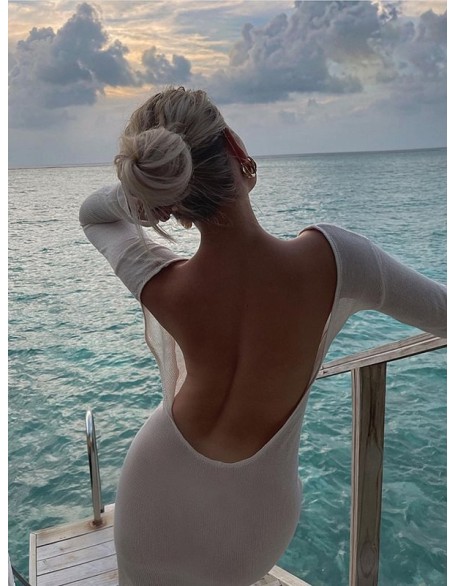 Backless Hollow Solid Color Long Sleeves Loose Cover-Ups Swimwear